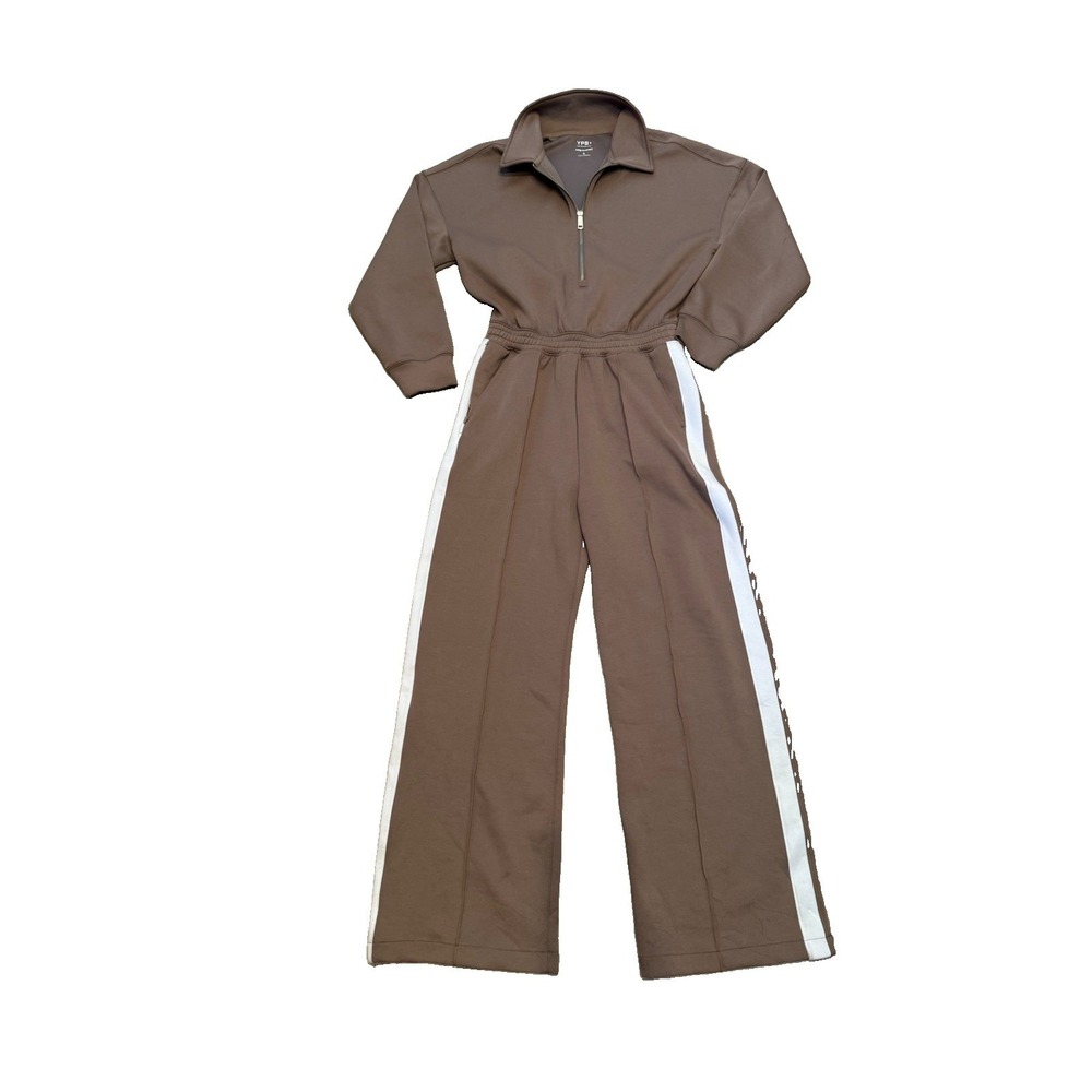 Abercrombie YPB neoKNIT Jumpsuit Womens S Brown Half Zip Wide Leg White Stripe